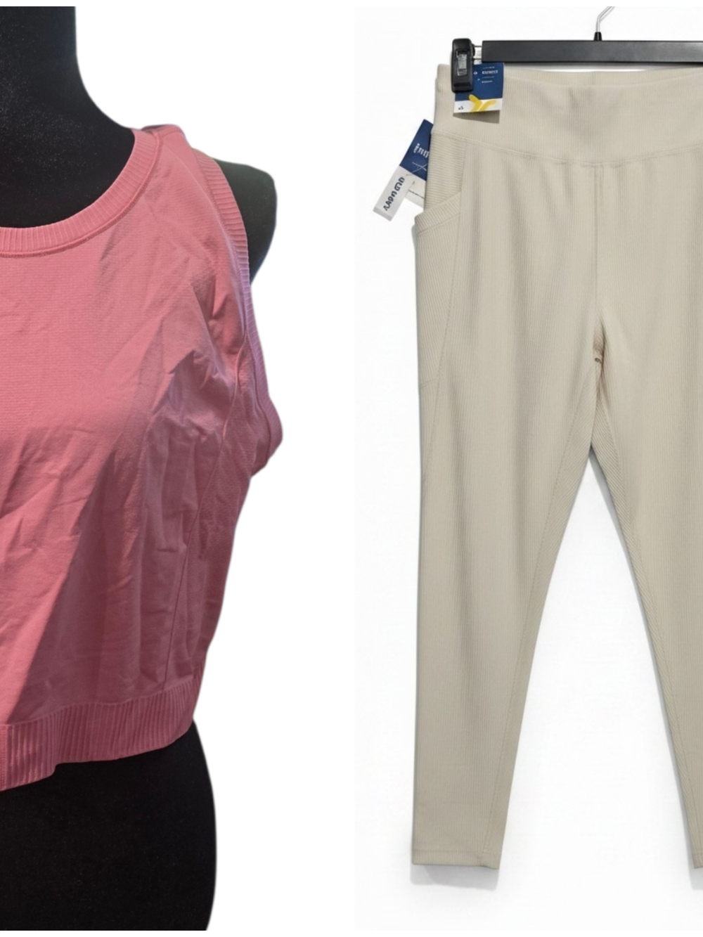 Women's High-Rise Cream Ribbed Leggings With A Rose Colored Top